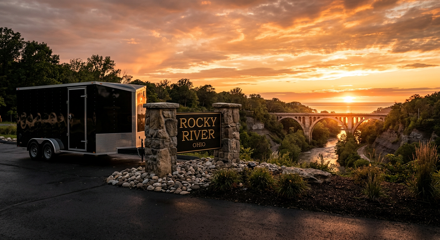 Black CK Trailers enclosed trailer parked near the Rocky River Ohio sign with the river valley bridge and Lake Erie at sunset